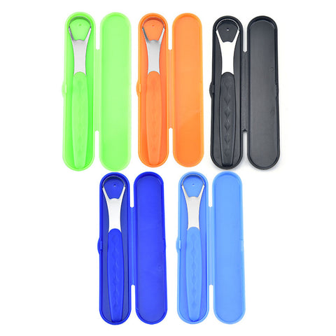 Portable Tongue Cleaner Tongue Scraper Reusable Stainless Steel Oral Mouth Brush travel case Black/Blue/Green Non-slip handle